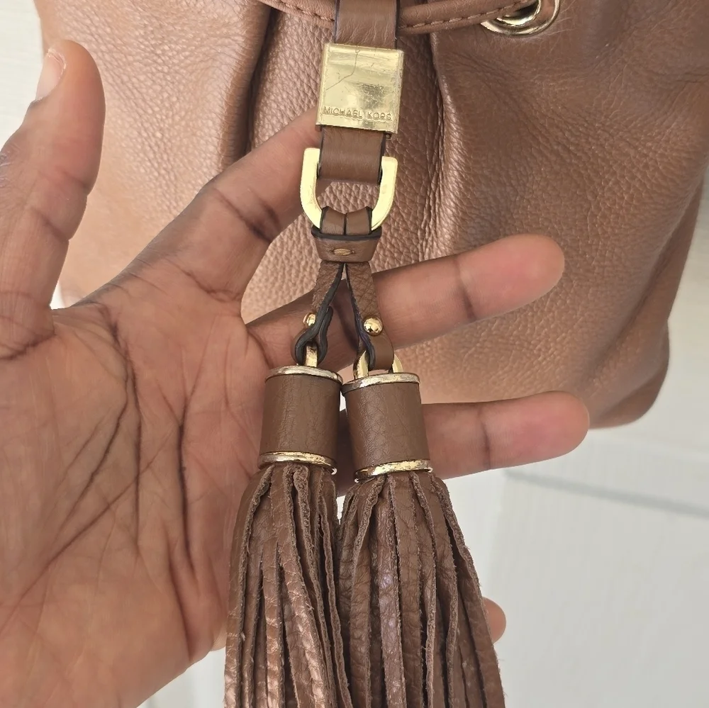 Michael Kors Leather Crossbody Bag Women's Brown Pebble Tassels Logo Small